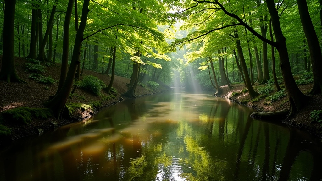 Bospad langs rustige rivier in Zoniënwoud, bomen aan beide zijden, water zichtbaar, schaduw en licht