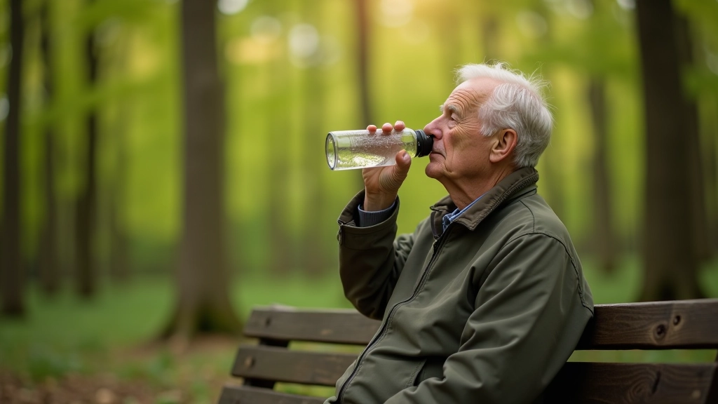 Een oudere wandelaar zit op een bankje in het bos en drinkt water uit een drinkfles