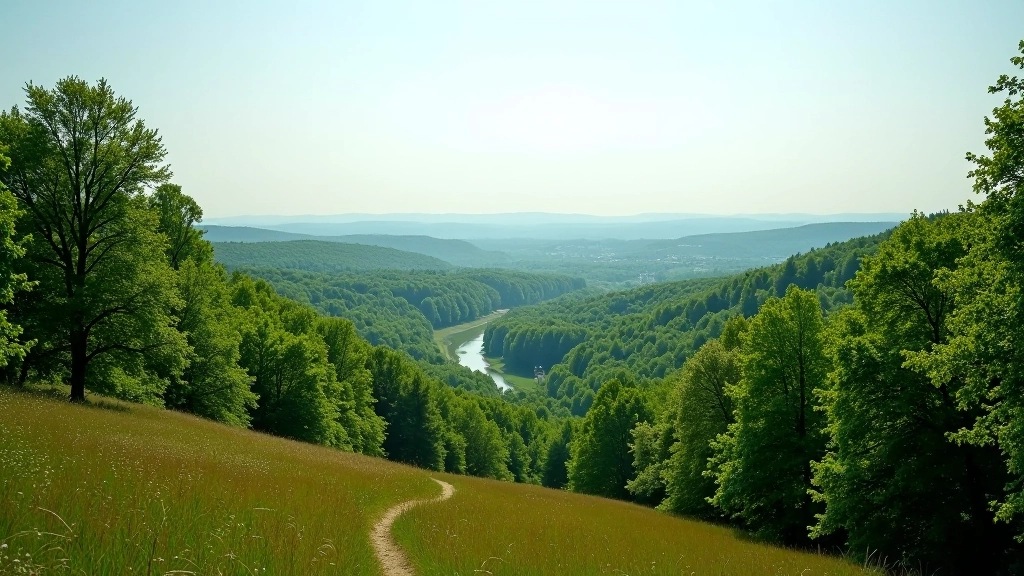 Panoramisch uitzicht over Zoniënwoud bossen, uitgestrekte groene landschap, wandelpad in de verte