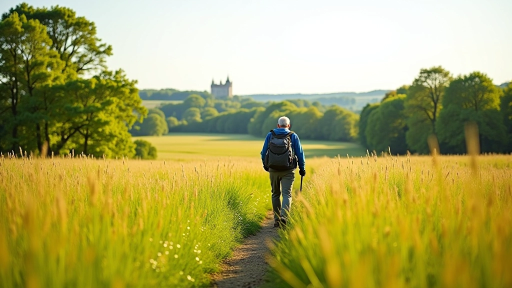 Grasvelden van Tervuren Park met uitzicht op kasteel in de verte, zonnige dag, wandelaars op pad